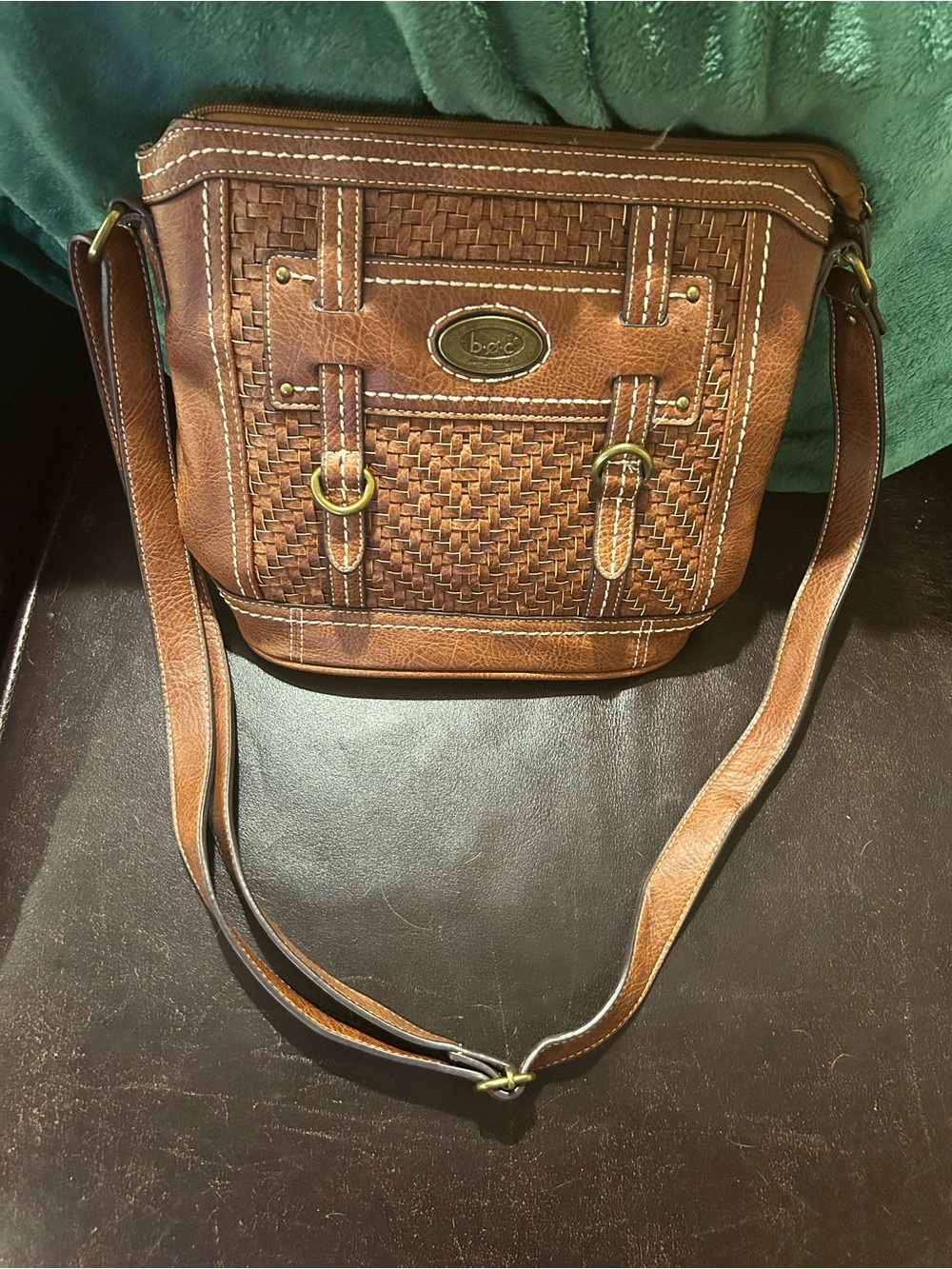 b.o.c. Brown Woven Leather Crossbody Bag with Brass Accents